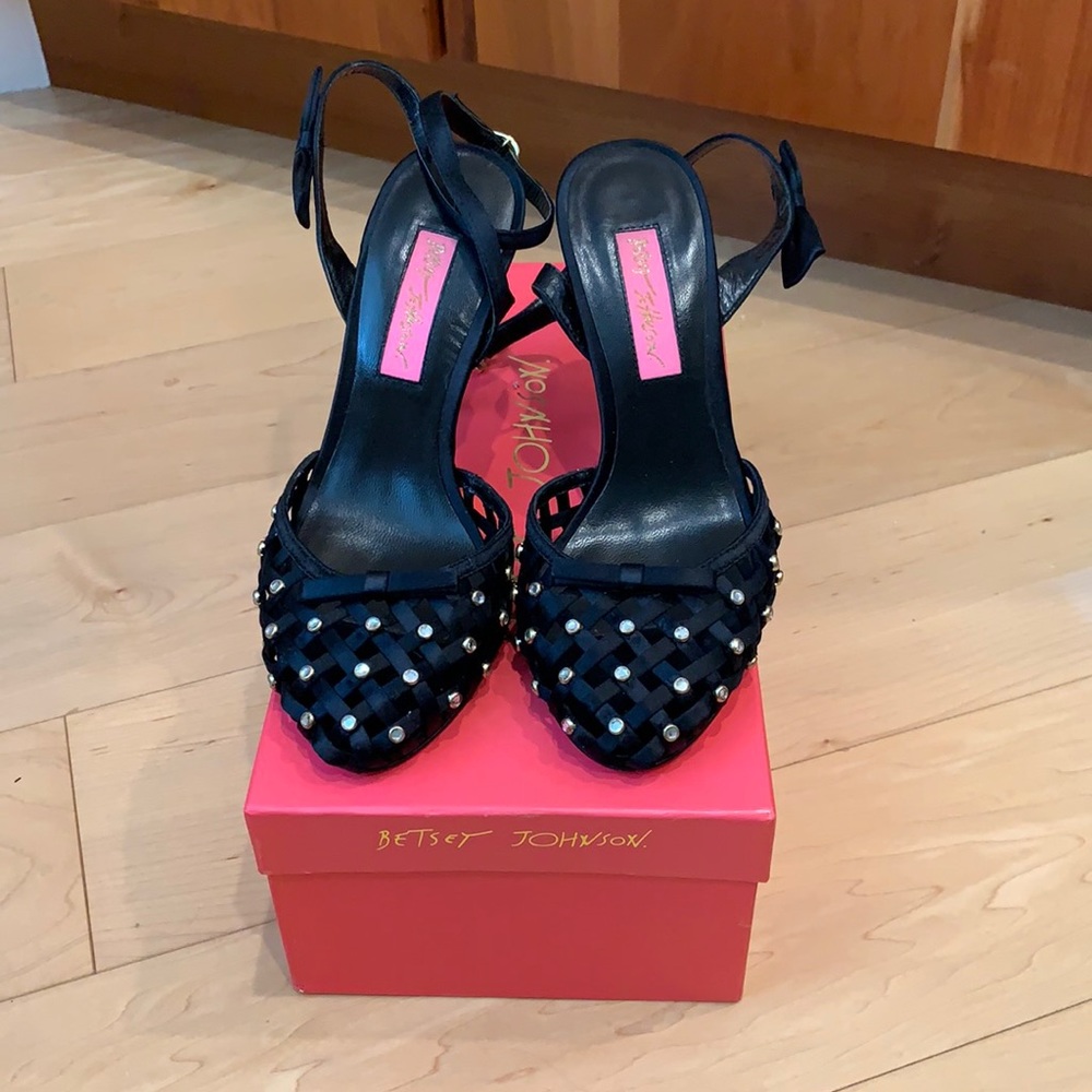 Betsey Johnson crystal + bow strappy black heels